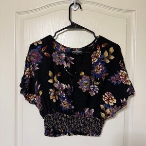Angie Black Floral Smocked Crop Top